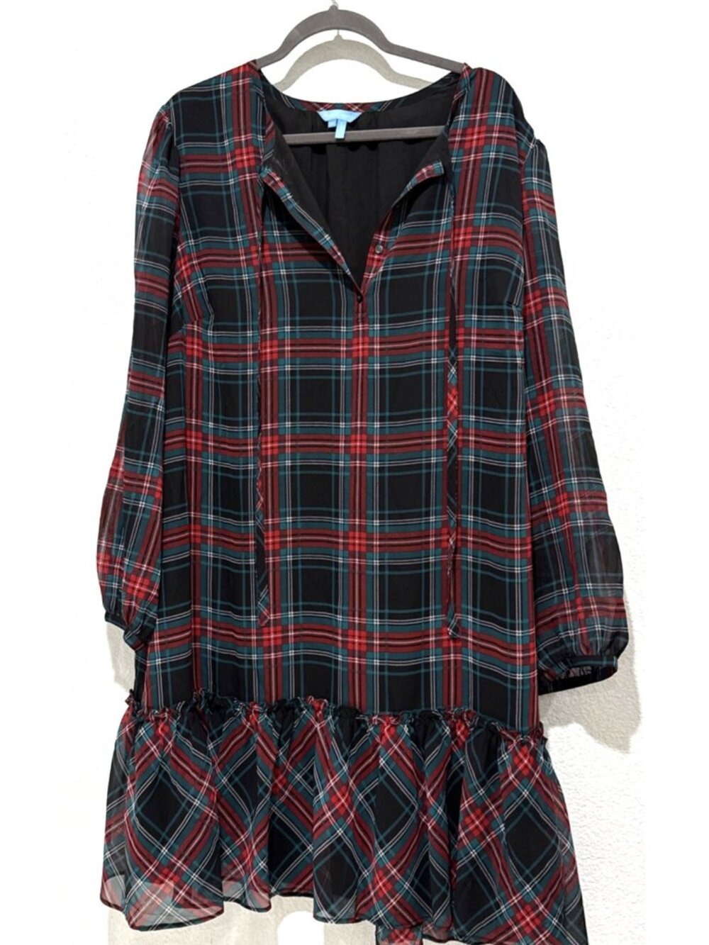 Draper James Plus Size Plaid Tartan Ruffle Tie Neck Flounce Shift Dress Size 2Xl